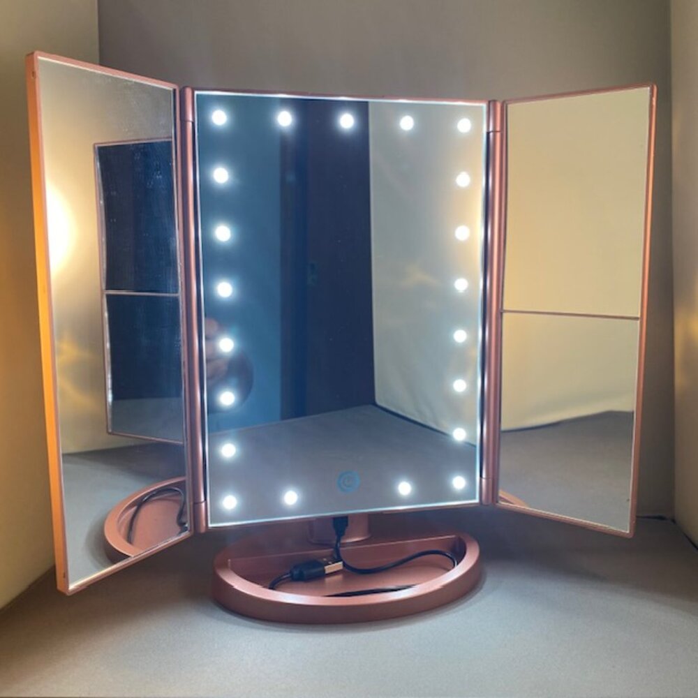 Dresser Mount Tri-Fold Adjustable Lighted Vanity Mirror 21 LED Lights 3x/2x/1x